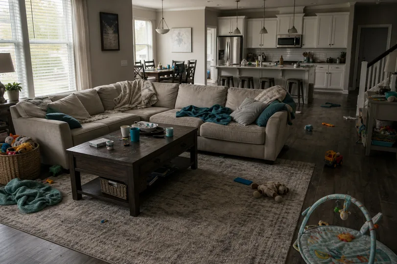 Messy living room before professional cleaning