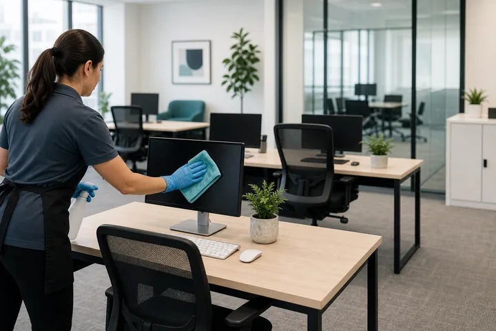 Professional cleaner wiping computer monitors in a modern office