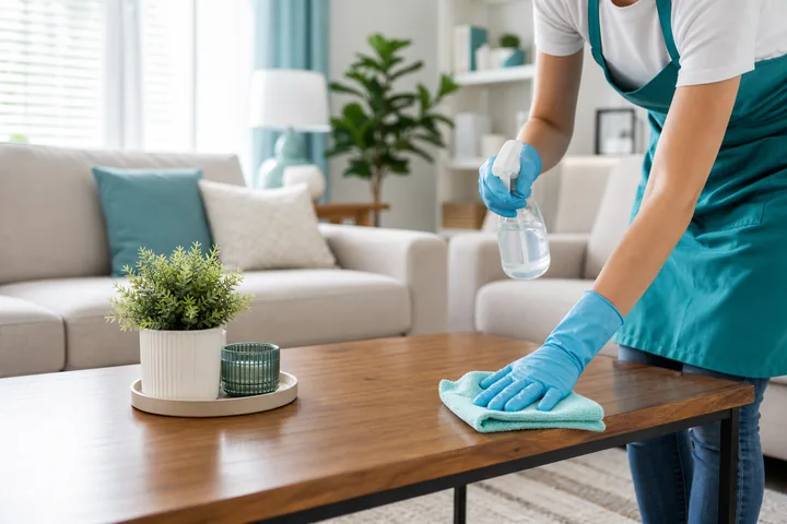 Professional cleaner wiping a table in a bright living room