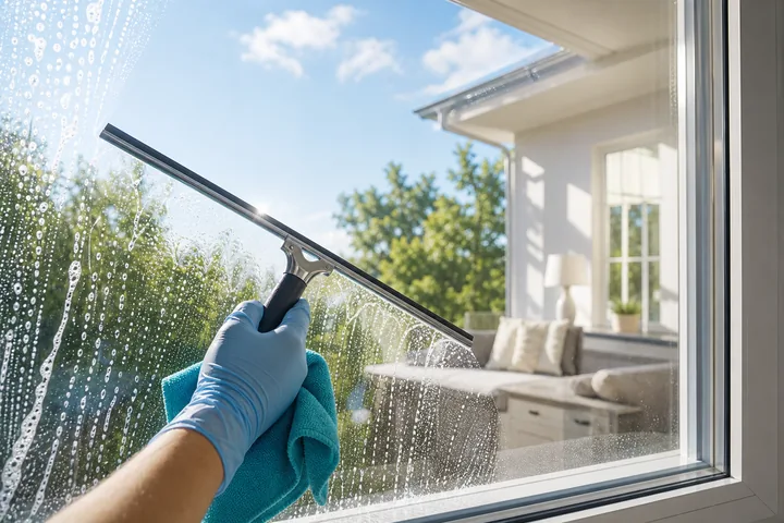 Window cleaning with squeegee and bright natural light